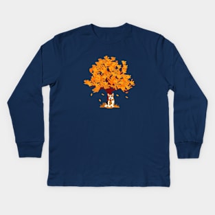 Pembroke Welsh Corgi with Scarf under Colorful Autumn Tree Kids Long Sleeve T-Shirt